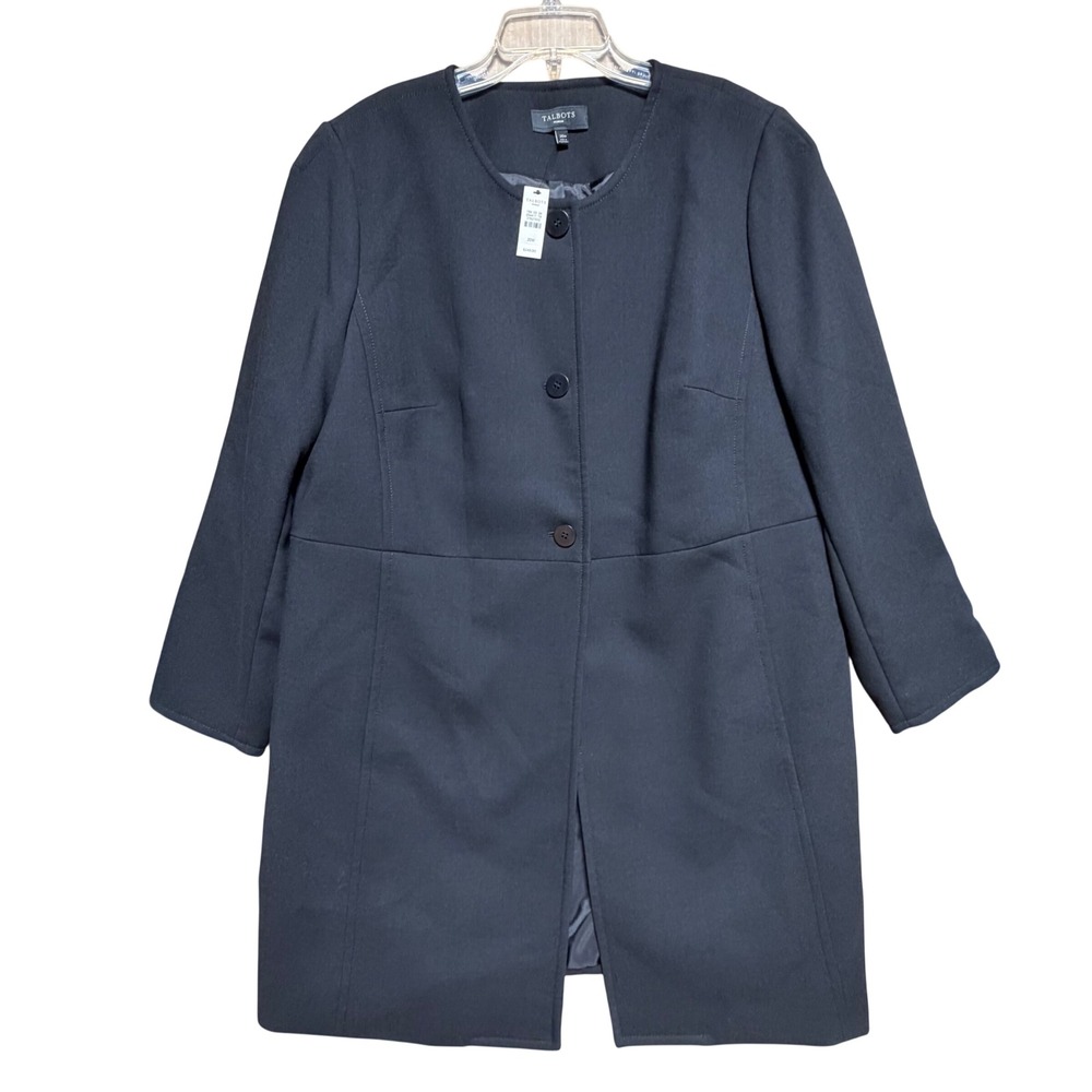 Talbots Woman Black Wool Blend Collarless Button Front Car Coat Size 20W New